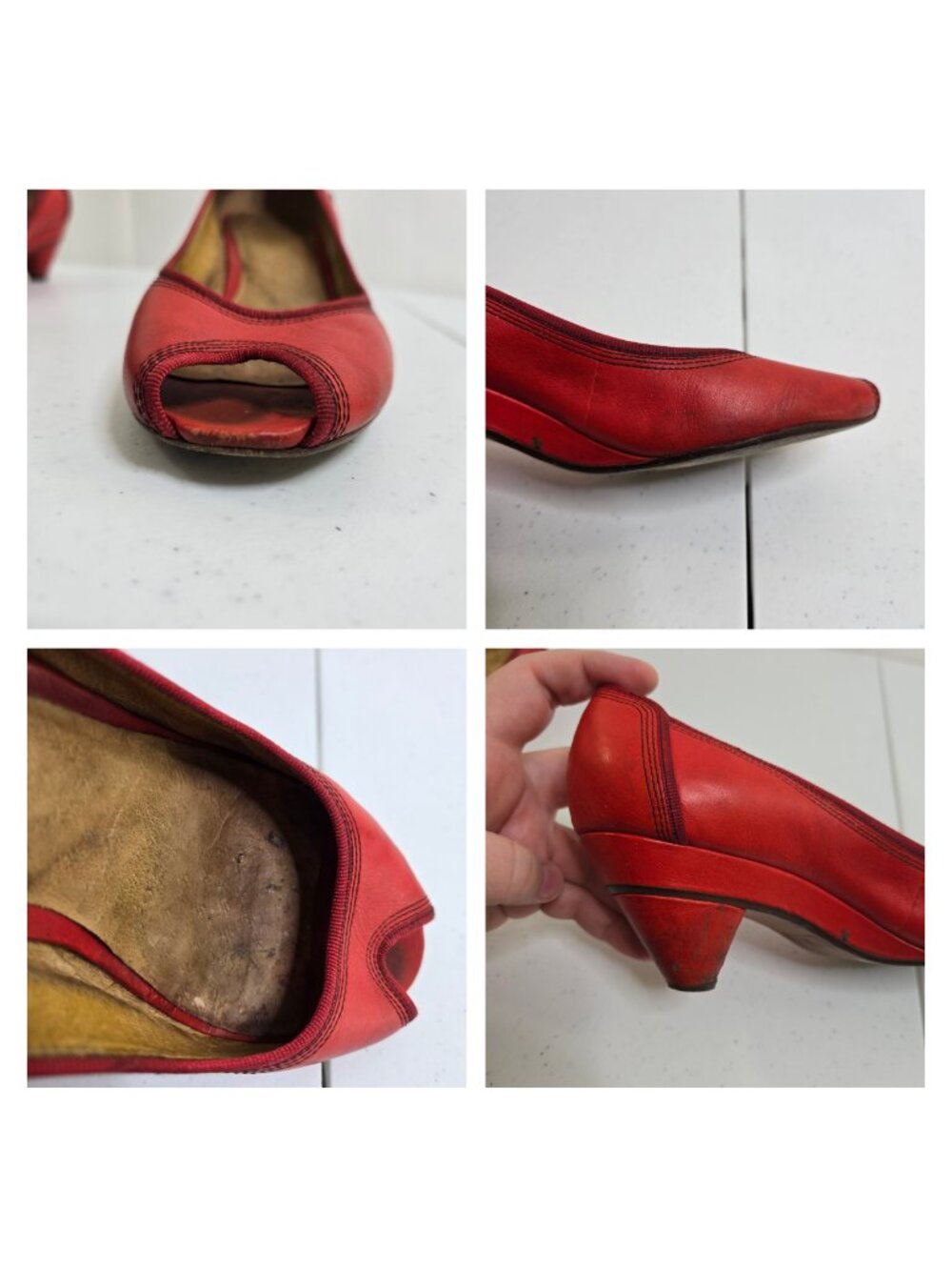 Frye Red Ada Pump Peep Toe 7.5 Low Heel Pumps Heels Bright Y2K Leather - Picture 6 of 9